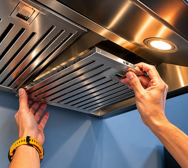 Technician diagnosing range hood wiring